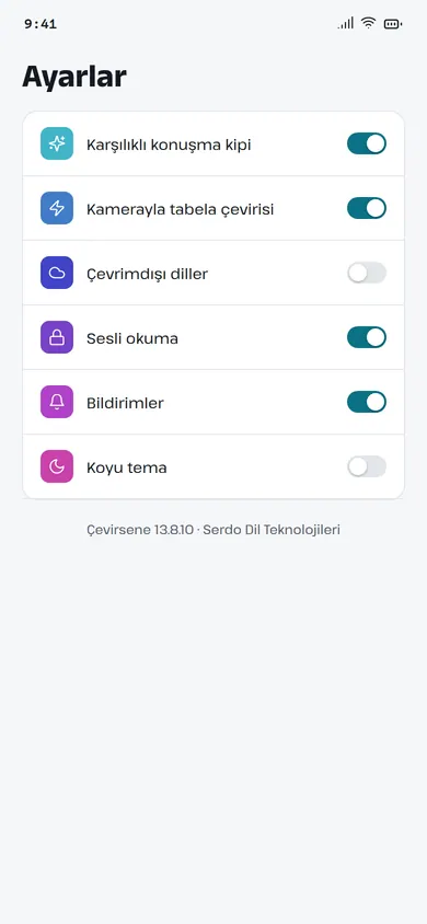 Çevirsene ayarlar ekranı