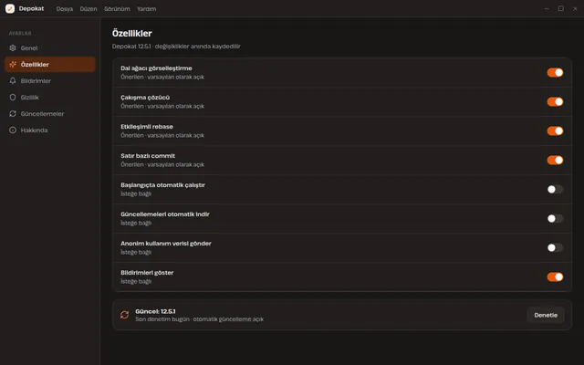 Depokat ayarlar ekranı