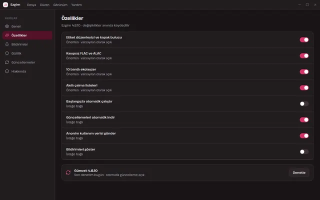 Ezgim ayarlar ekranı