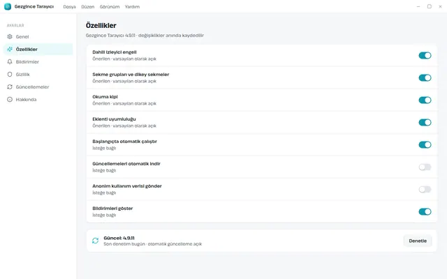 Gezgince Tarayıcı settings screen