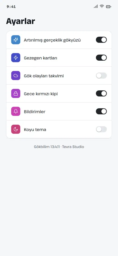 Gökbilim ayarlar ekranı