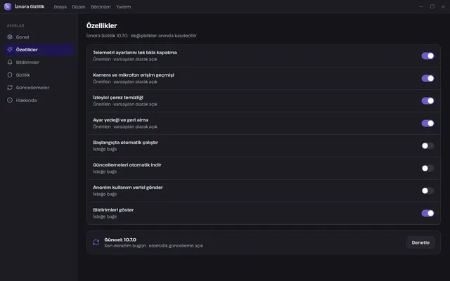 İznora Gizlilik ayarlar ekranı
