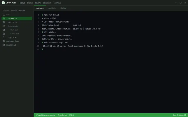 JSON Avcı ağaç ve ham görünüm ekranı