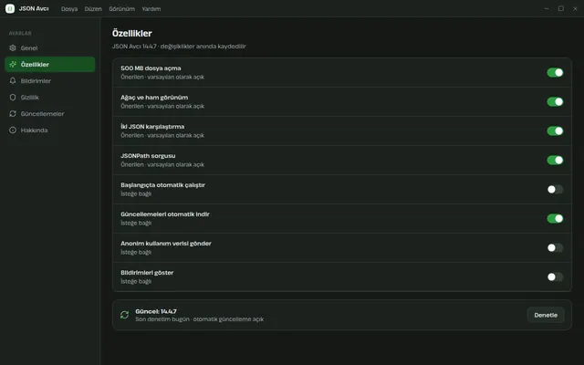 JSON Avcı ayarlar ekranı