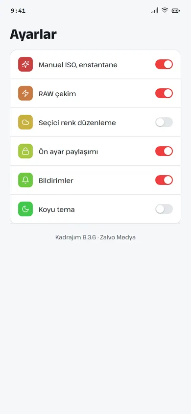 Kadrajım ayarlar ekranı