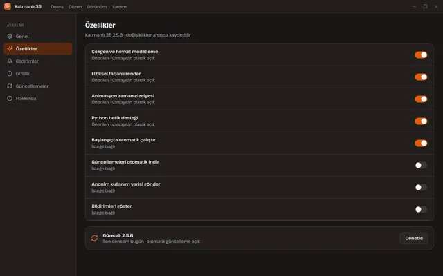 Katmanlı 3B ayarlar ekranı