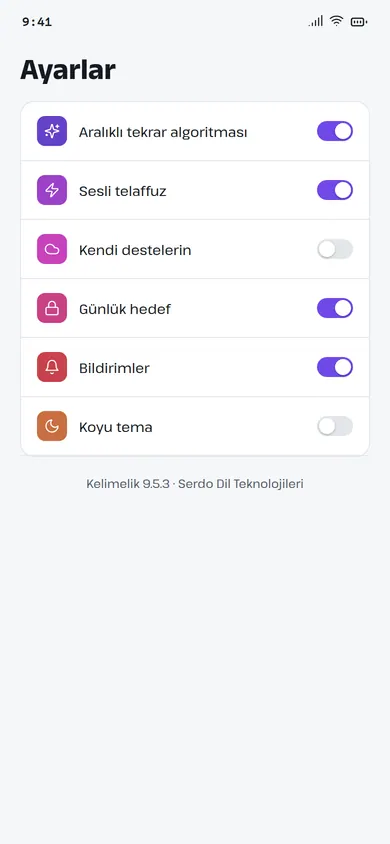 Kelimelik ayarlar ekranı