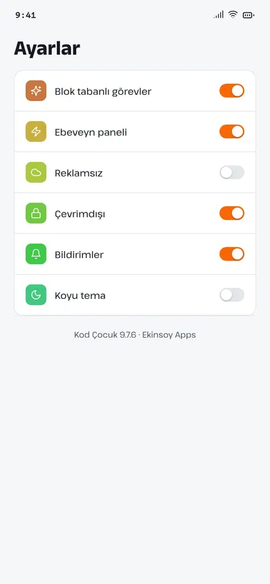 Kod Çocuk ayarlar ekranı