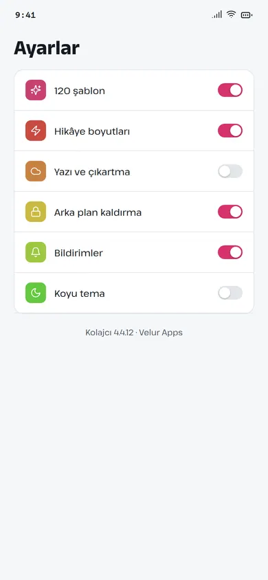 Kolajcı ayarlar ekranı