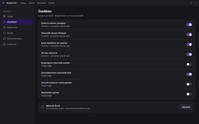 Kurgumat ayarlar ekranı