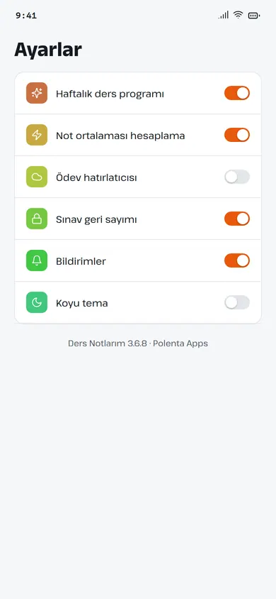 Ders Notlarım ayarlar ekranı