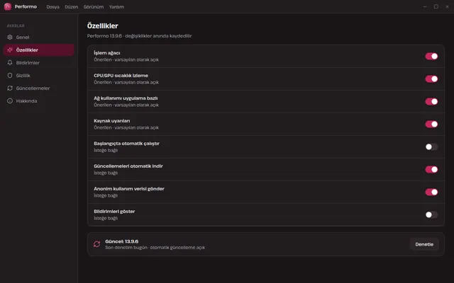 Performo ayarlar ekranı