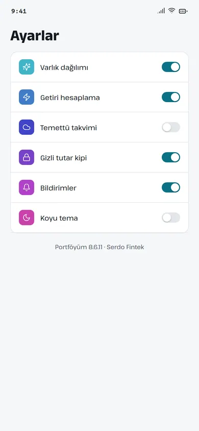 Portföyüm ayarlar ekranı