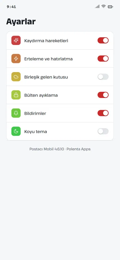 Postacı Mobil ayarlar ekranı