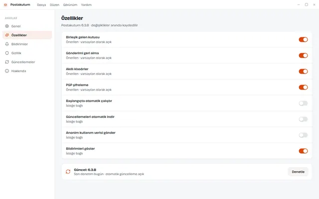Postakutum ayarlar ekranı