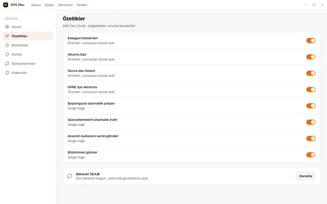 RSS Oku ayarlar ekranı