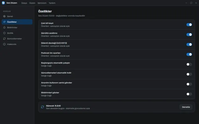 Ses Düzen ayarlar ekranı