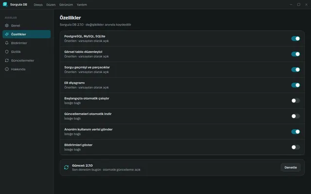Sorgula DB ayarlar ekranı