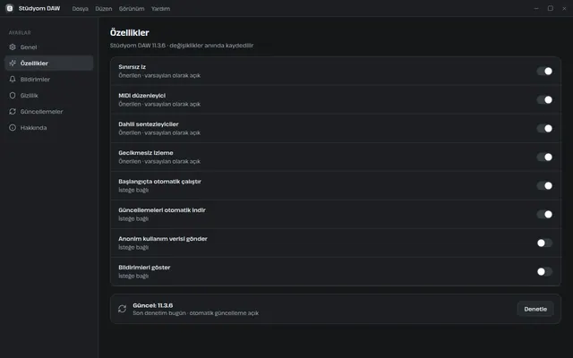 Stüdyom DAW ayarlar ekranı