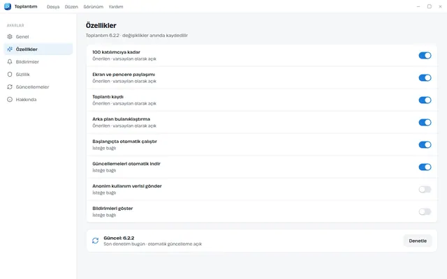 Toplantım ayarlar ekranı